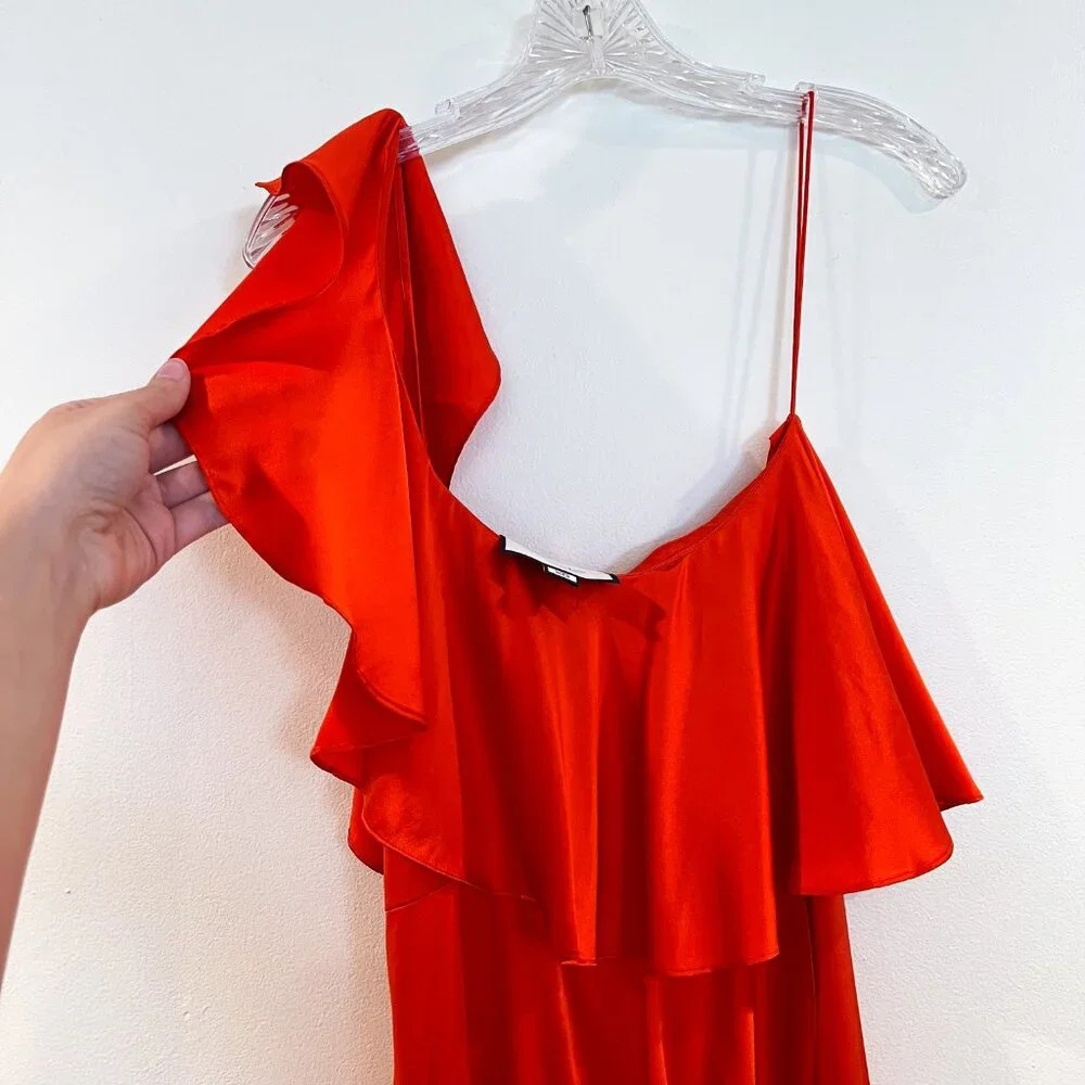 Alexis 100% Silk Red Ruffled One Shoulder Formal Satin Lightweight Midi Dress XS - Picture 2 of 10